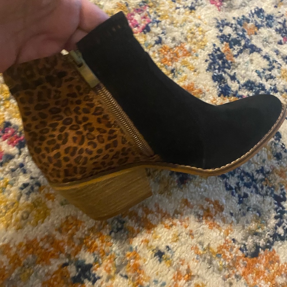 Corkys Black Suede & Leopard Print Booties with Wood-Look Heel